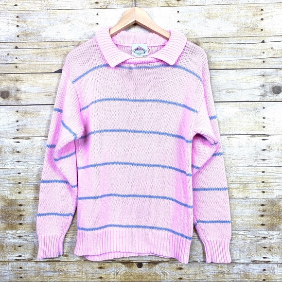Vintage Sweaters - Helium Vintage Acrylic Striped Sweater Pink Grey